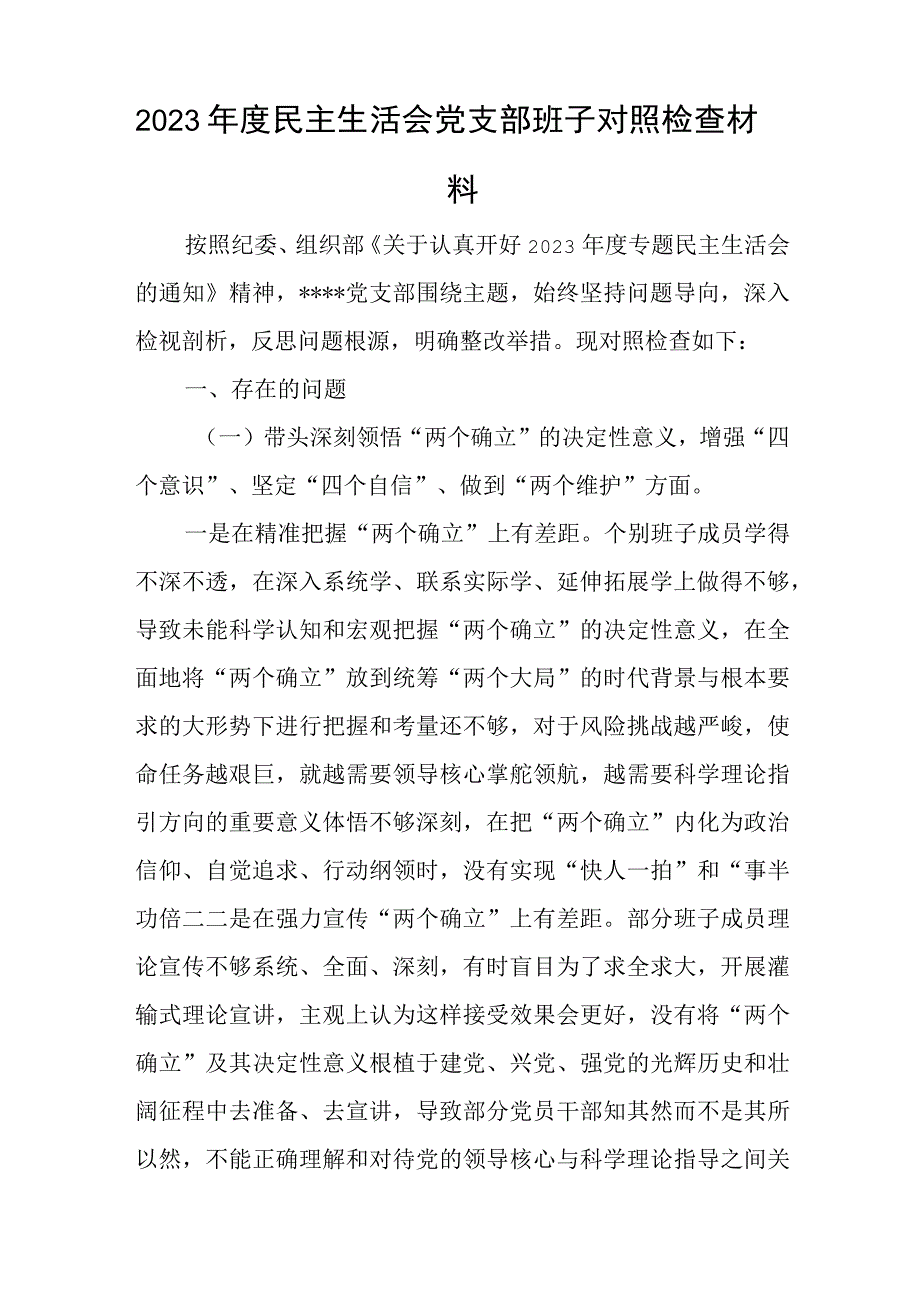 2023年度民主生活会党支部班子对照检查材料与2023年度民主生活会领导班子对照检视检查材料.docx_第1页