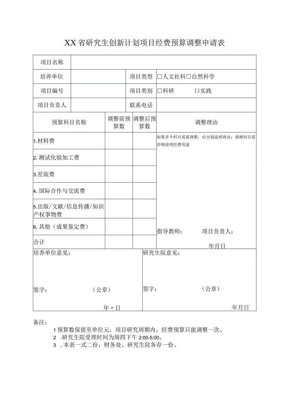 研究生创新计划项目经费预算调整申请表.docx_第1页