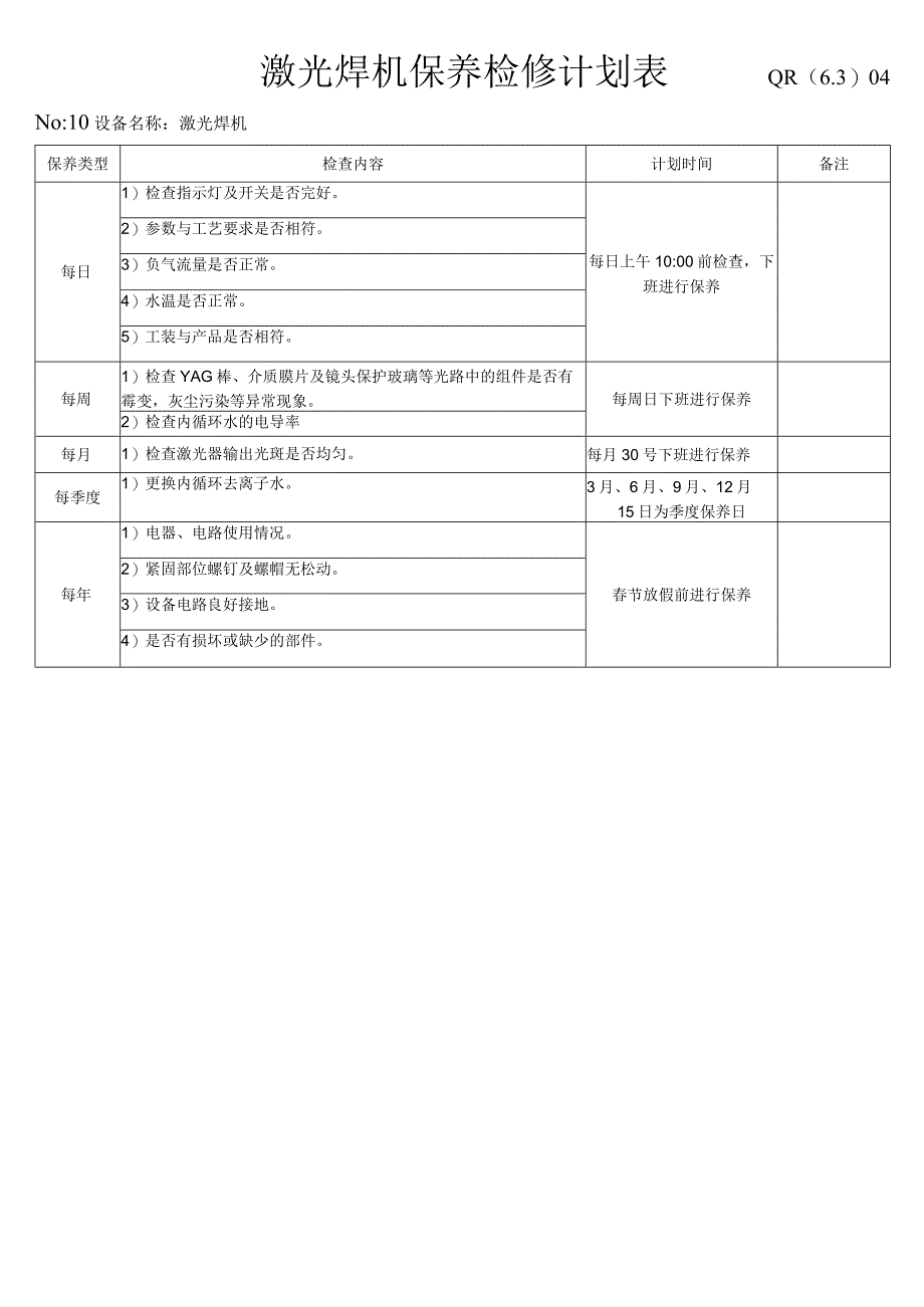 激光焊机保养检修计划表.docx_第1页