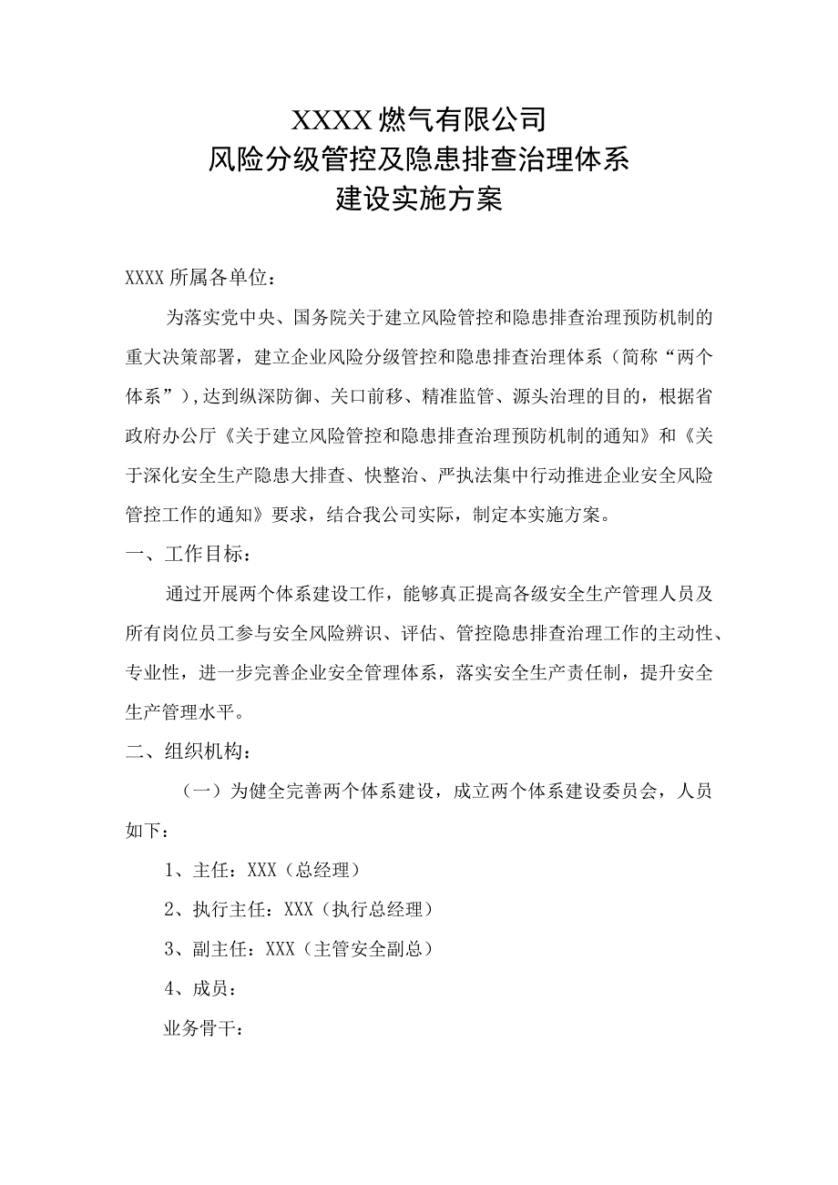 燃气公司风险分级管控及隐患排查治理体系建设工作实施方案.docx_第1页