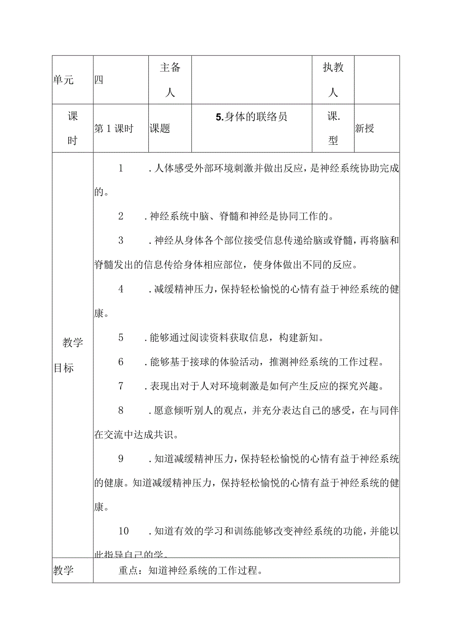 科教版五年级科学上册5身体的联络员教学设计.docx_第1页