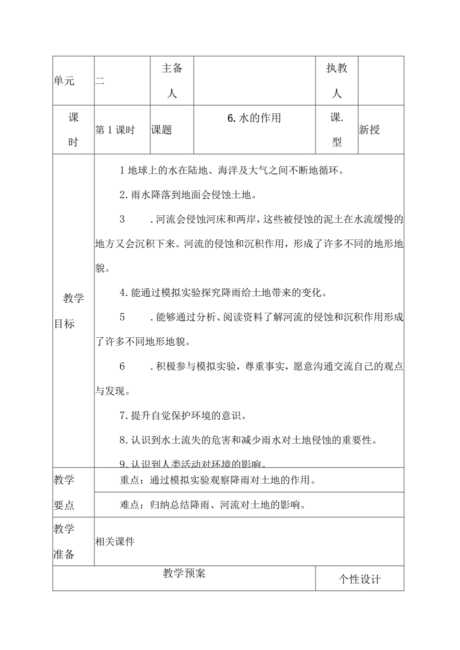 科教版五年级科学上册6水的作用教学设计.docx_第1页