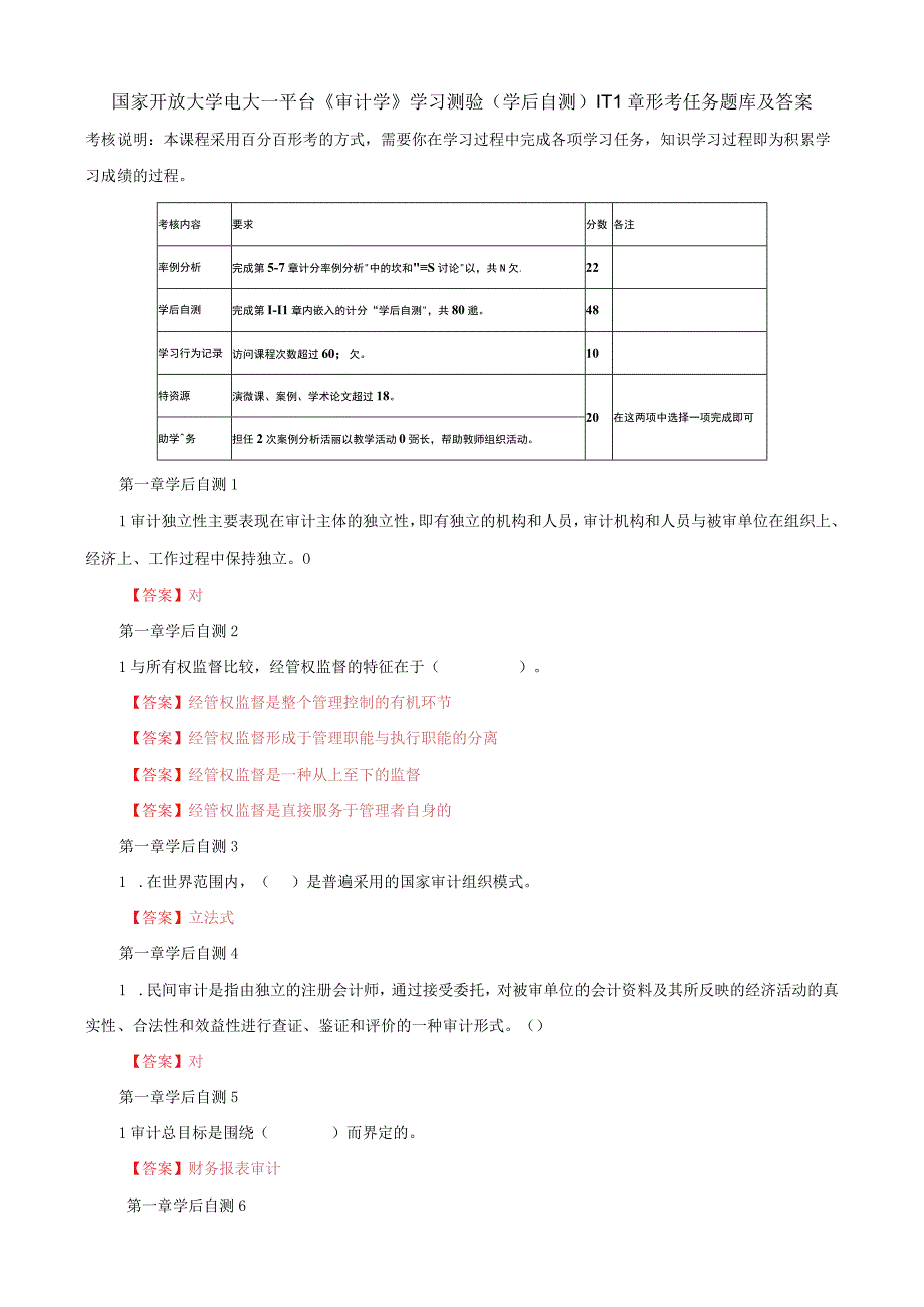 电大国家开放大学一平台审计学学习测验学后自测111章形考任务题库及答案.docx_第1页