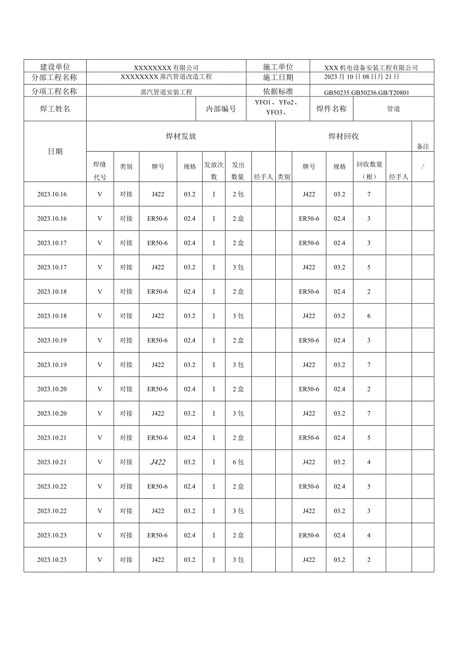 焊材发放与回收及焊条烘干记录记录表.docx_第3页