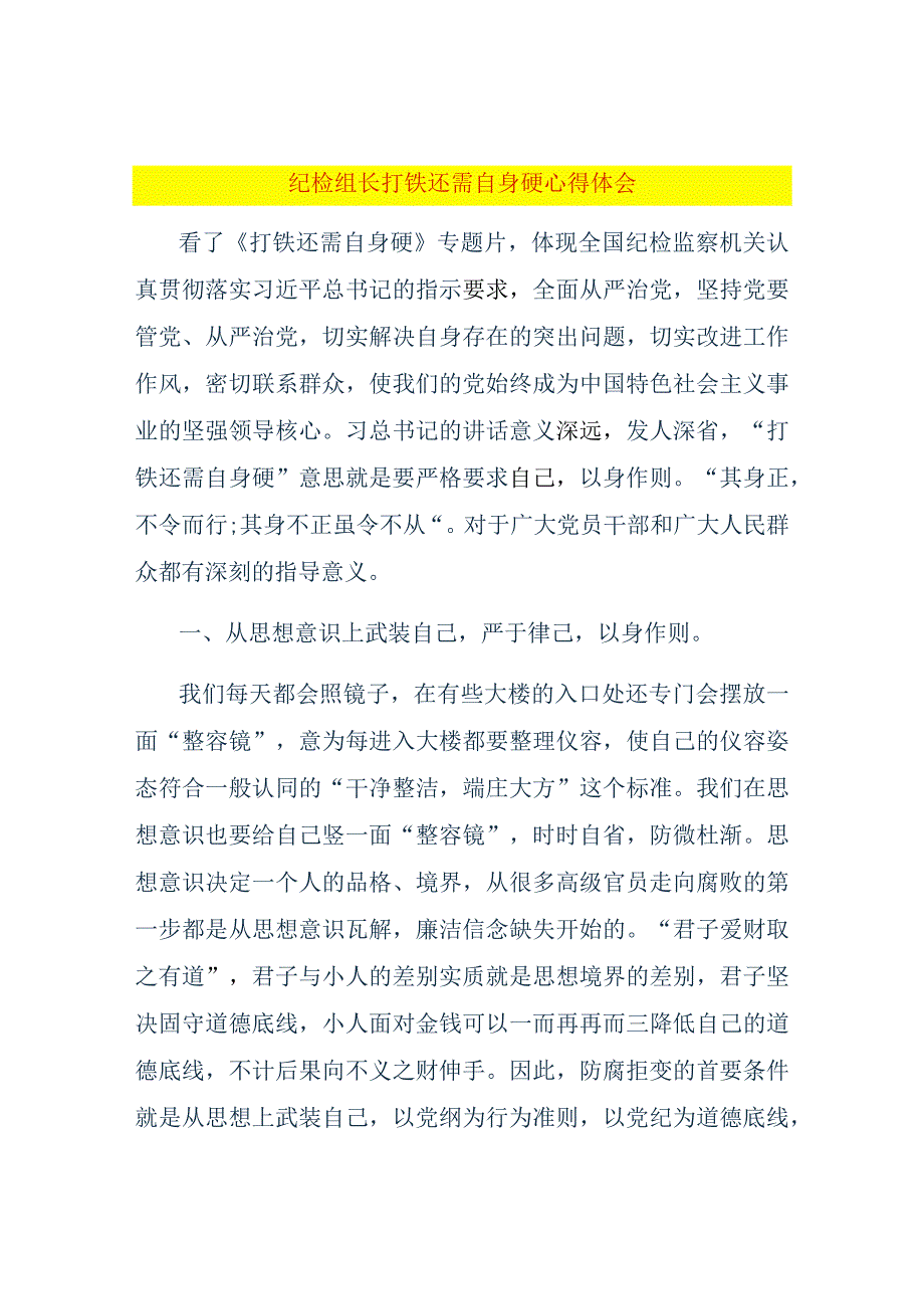 纪检组长打铁还需自身硬心得体会.docx_第1页