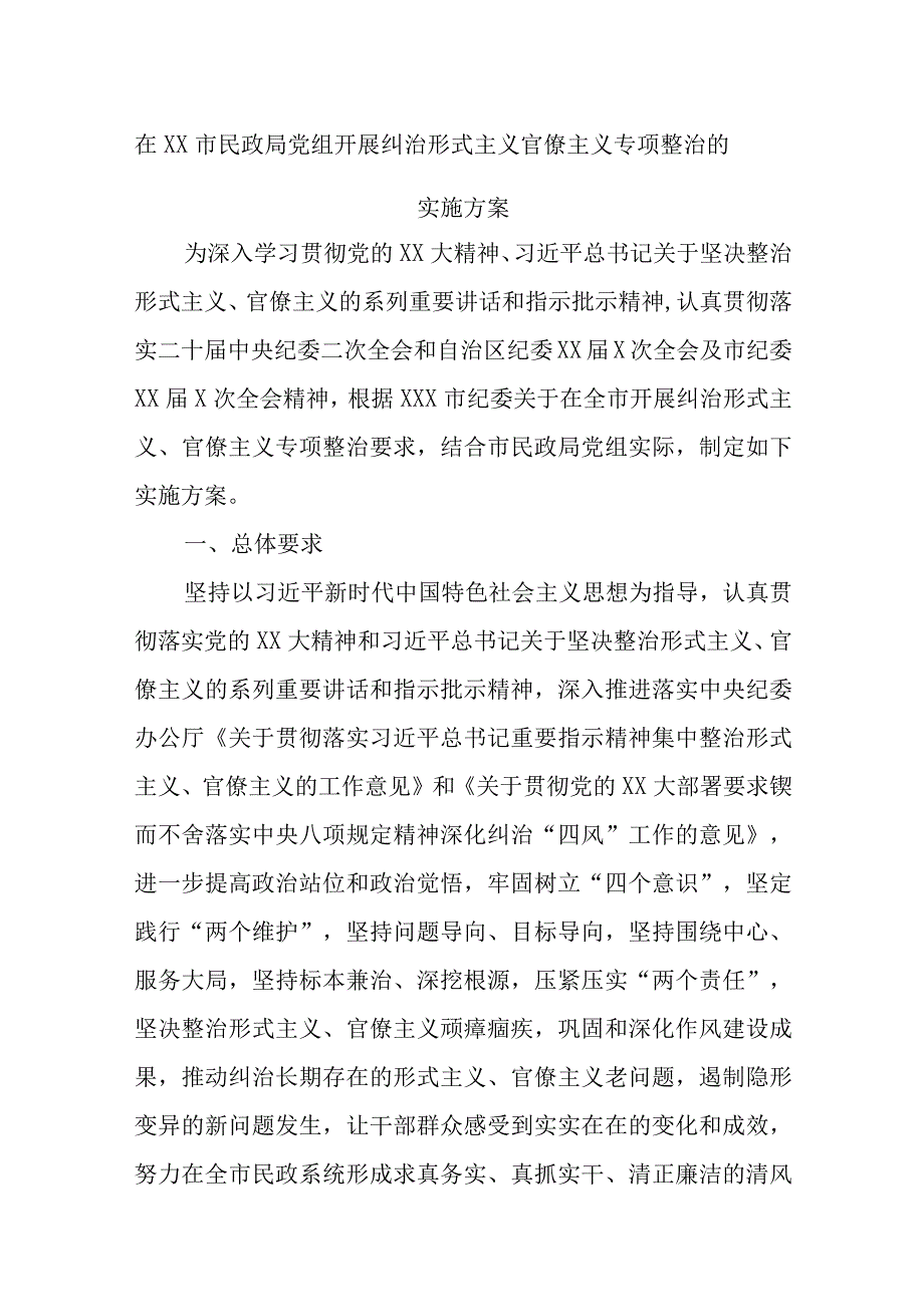 精选在XX市民政局党组开展纠治形式主义官僚主义专项整治的实施方案.docx_第1页