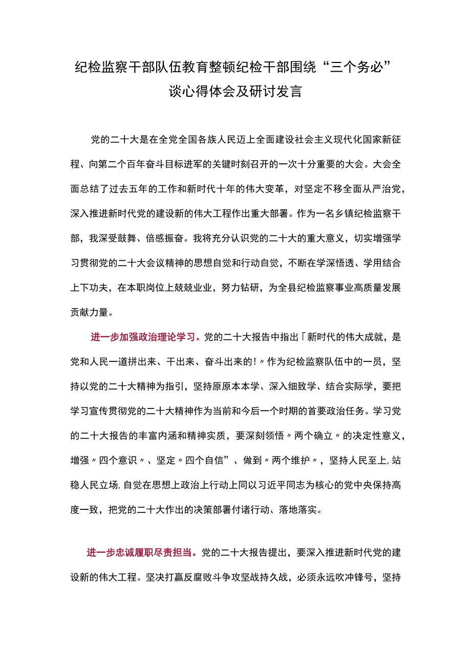 纪检监察干部队伍教育整顿纪检干部围绕三个务必谈心得体会及研讨发言六.docx_第1页