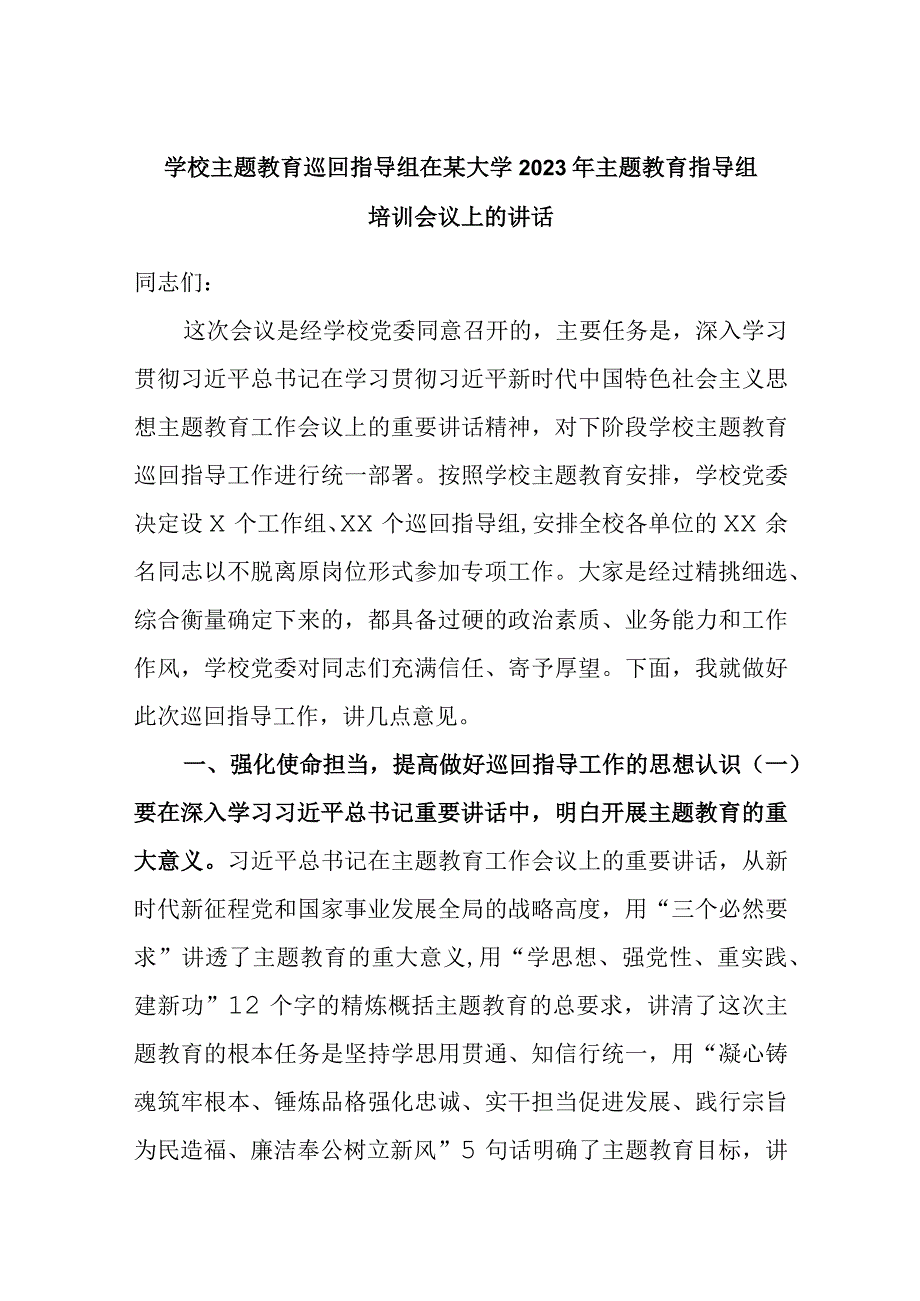 精选学校主题教育巡回指导组在某大学2023年主题教育指导组培训会议上的讲话.docx_第1页