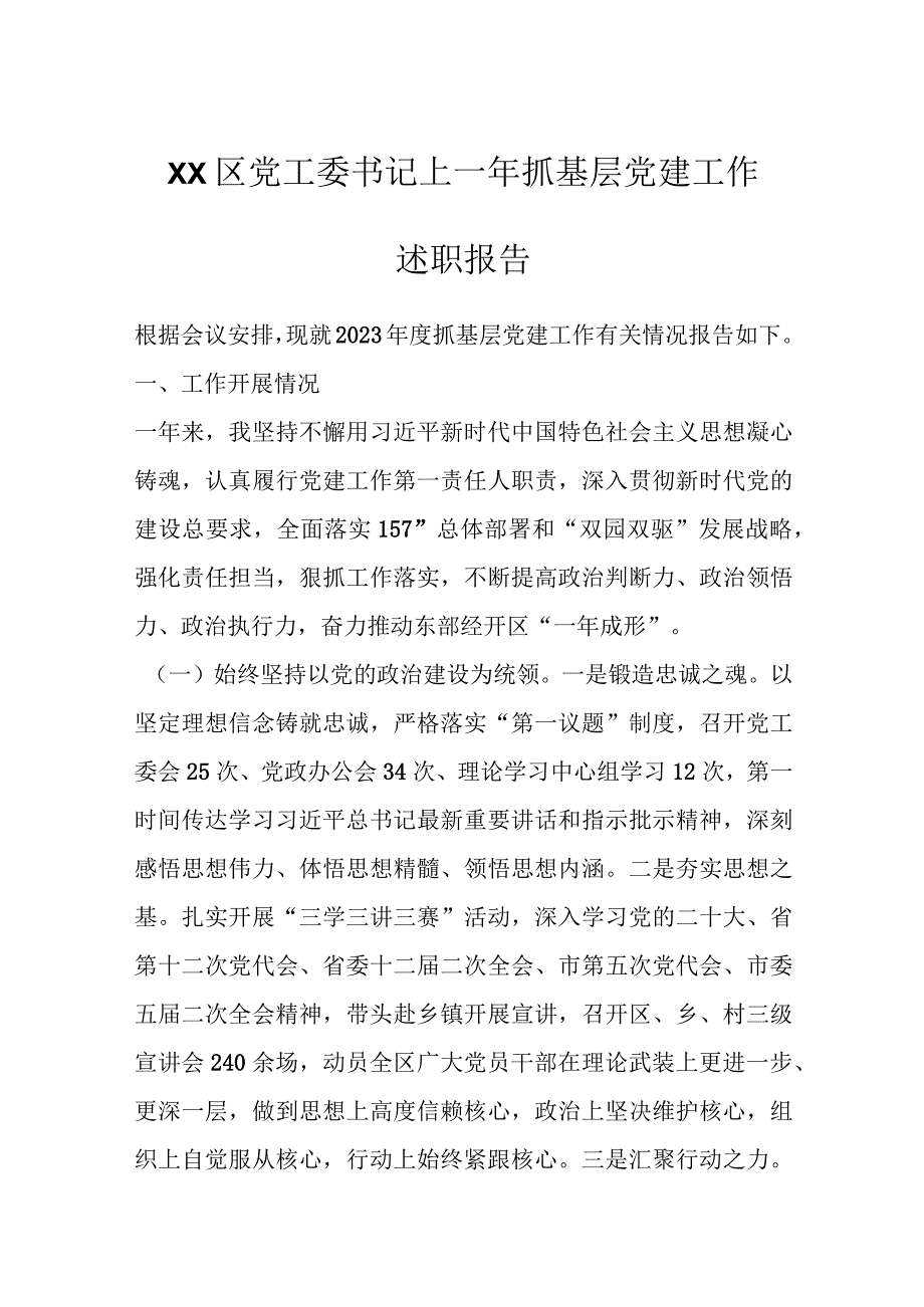 精选XX区党工委书记上一年抓基层党建工作述职报告.docx_第1页