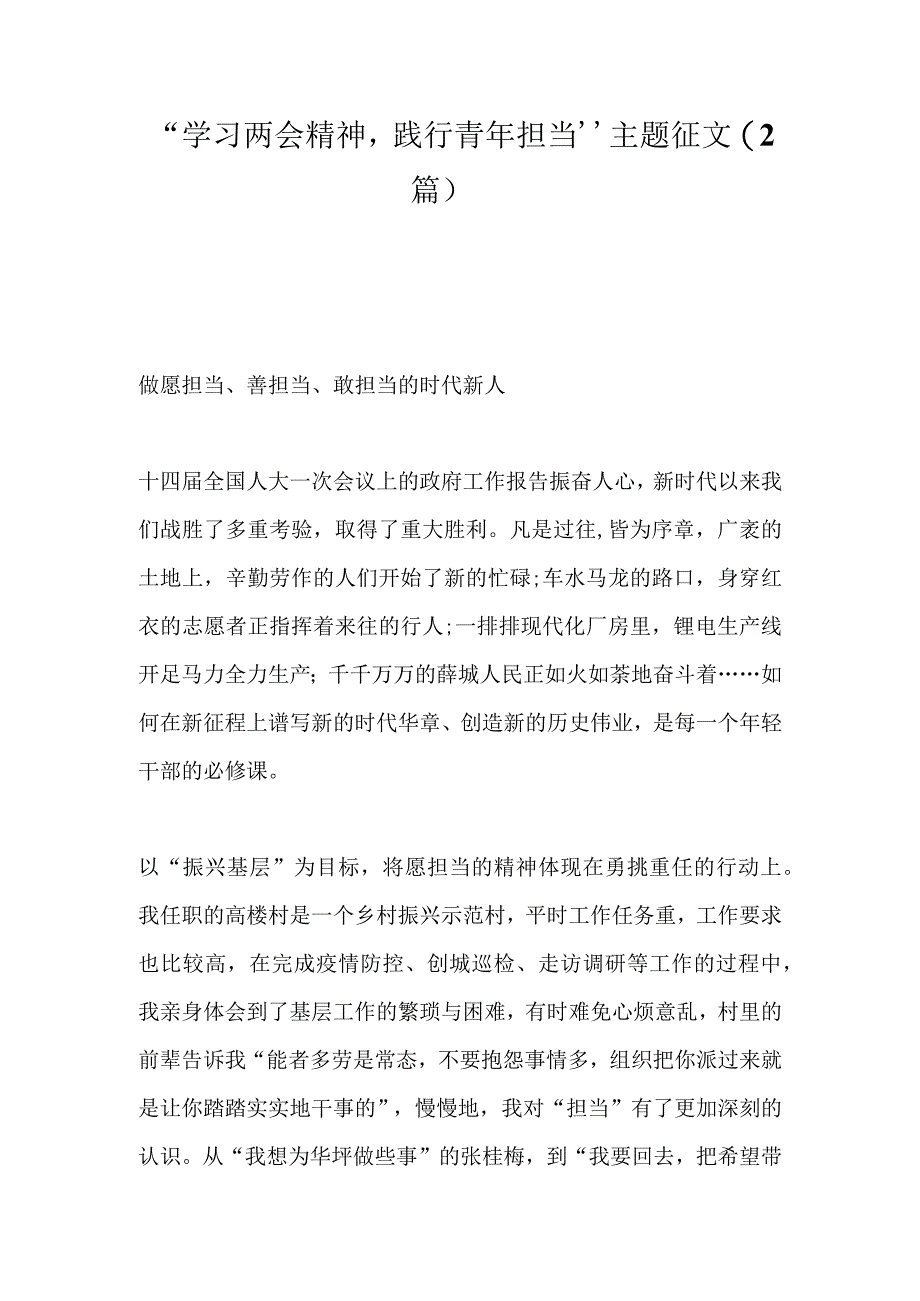 精选2篇学习两会精神践行青年担当主题征文.docx_第1页