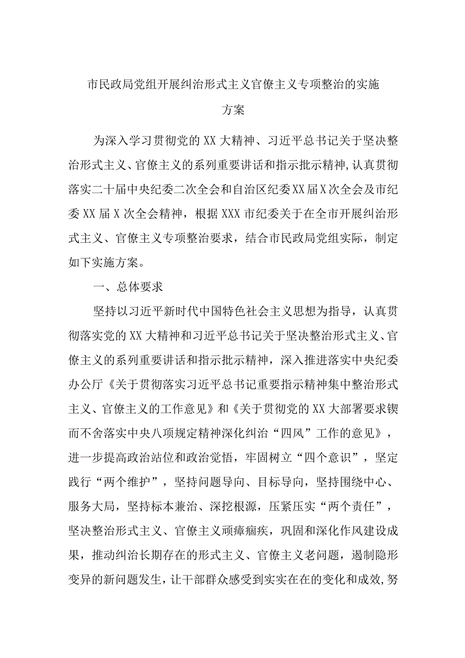 精选市民政局党组开展纠治形式主义官僚主义专项整治的实施方案.docx_第1页