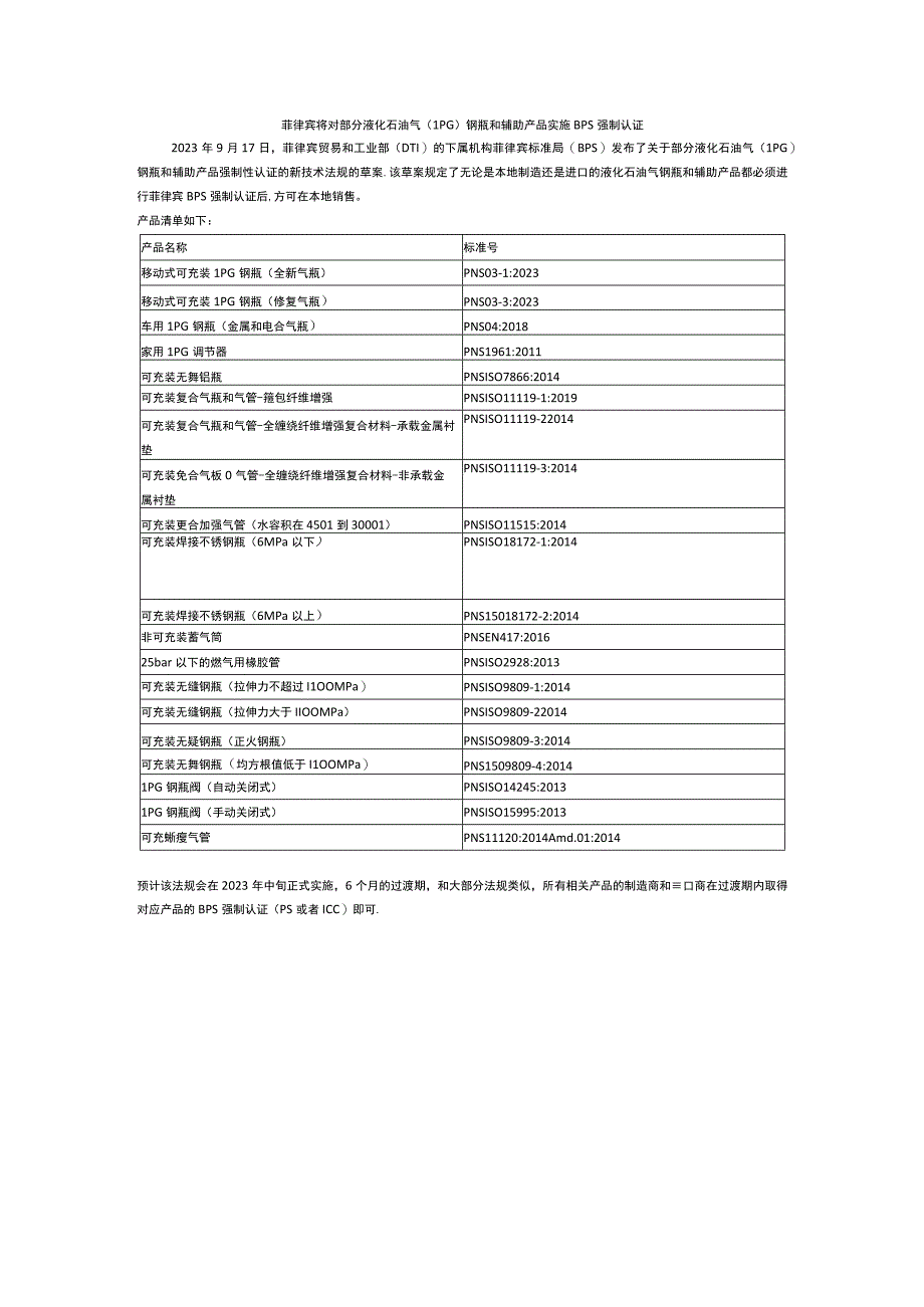 菲律宾将对部分液化石油气LPG钢瓶和辅助产品的实施强制认证.docx_第1页