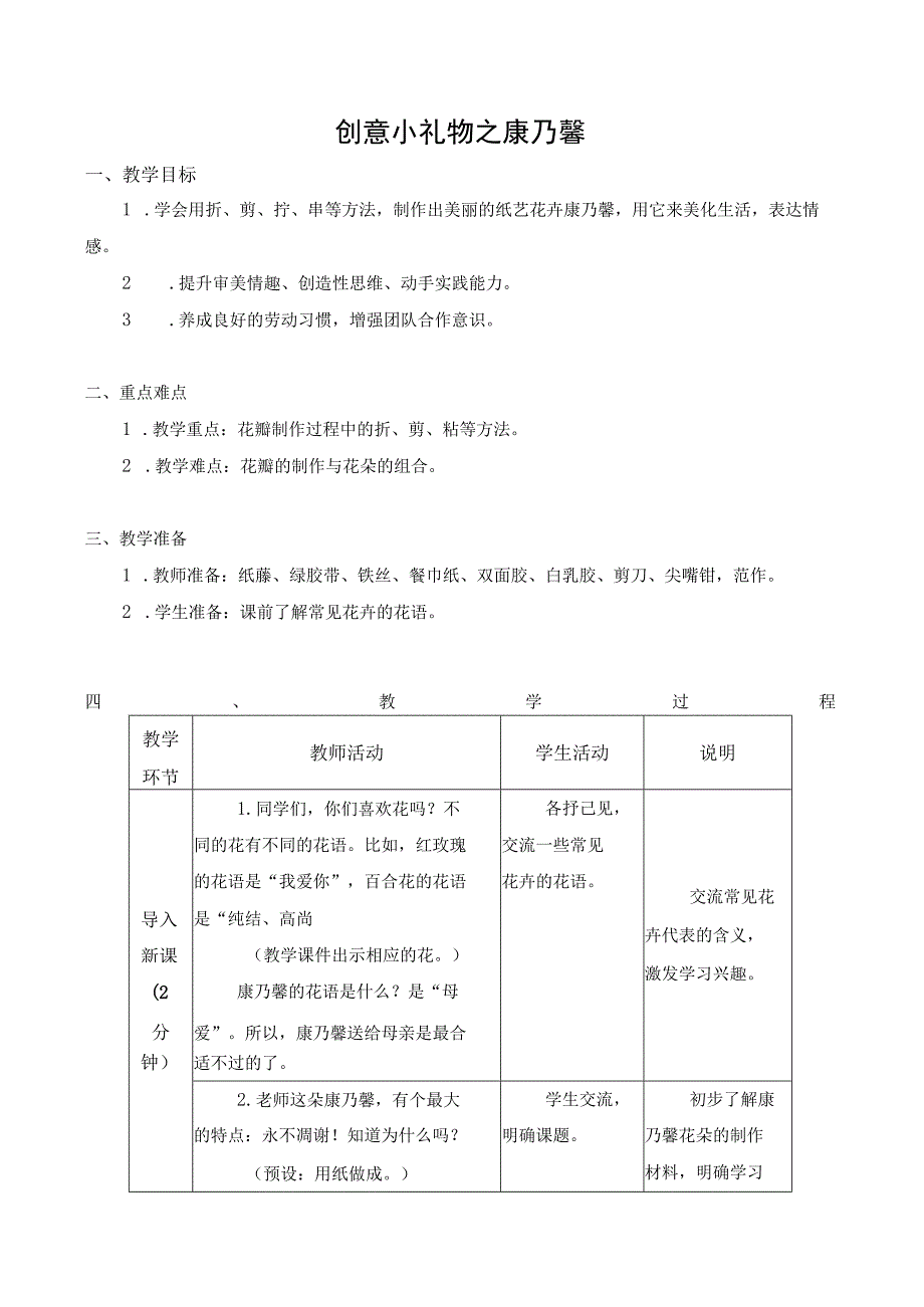 苏科版六年级劳动下册第05课创意小礼物之康乃馨公开课教案.docx_第1页