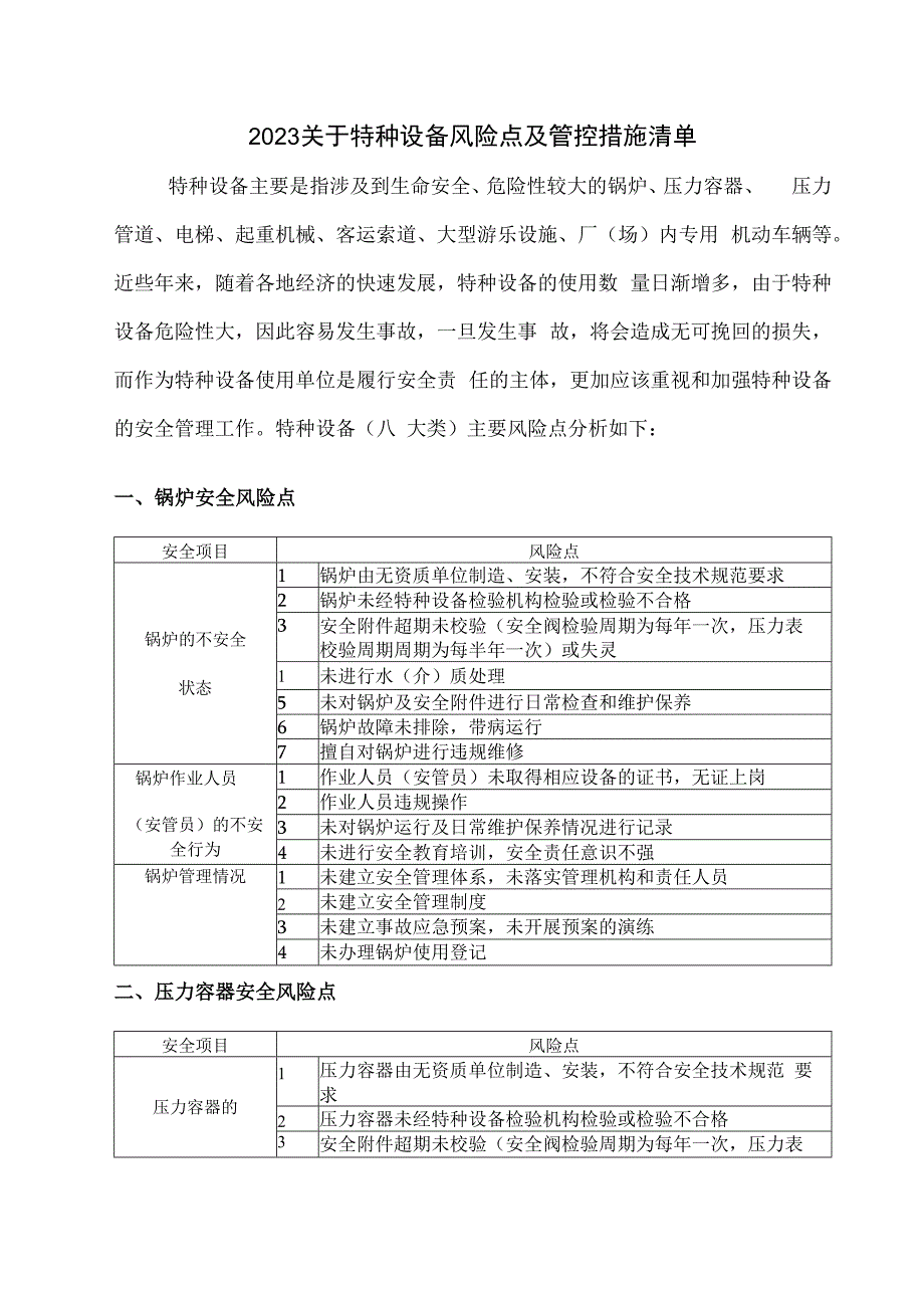 2023关于特种设备风险点及管控措施清单.docx_第1页