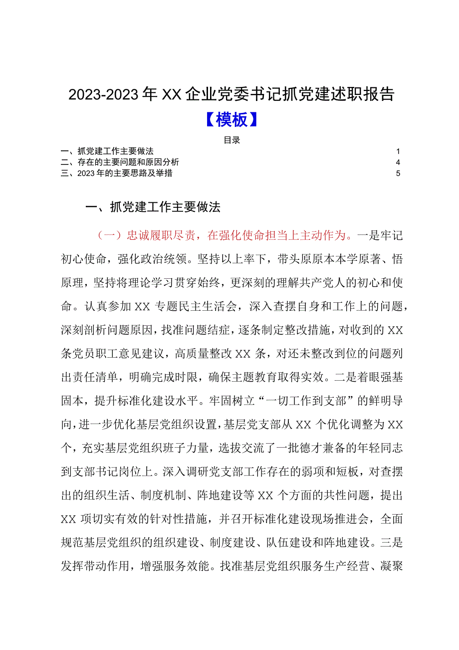 20232023年XX企业党委书记抓党建述职报告模板0001.docx_第1页