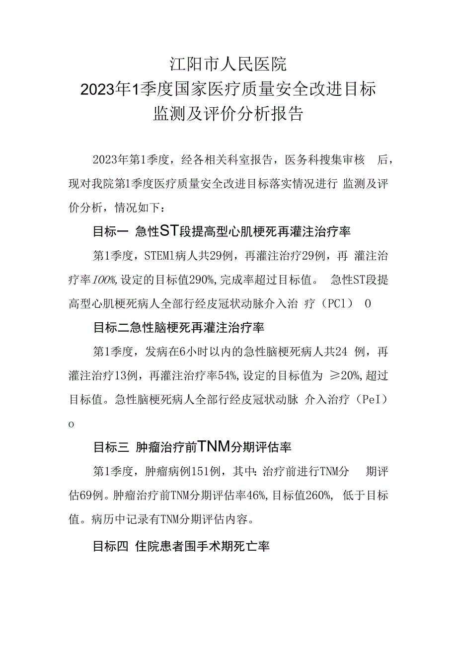 2023 1季度医院关于国家医疗质量安全改进目标监测评价分析报告.docx_第1页