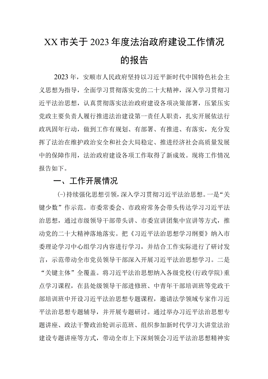 2023XX市关于2023年度法治政府建设工作情况的报告.docx_第1页