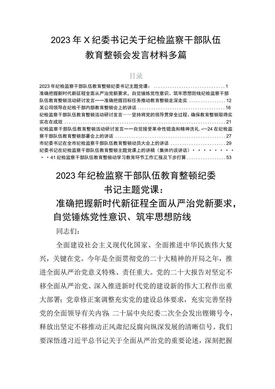 2023年X纪委书记关于纪检监察干部队伍教育整顿会发言材料多篇.docx_第1页