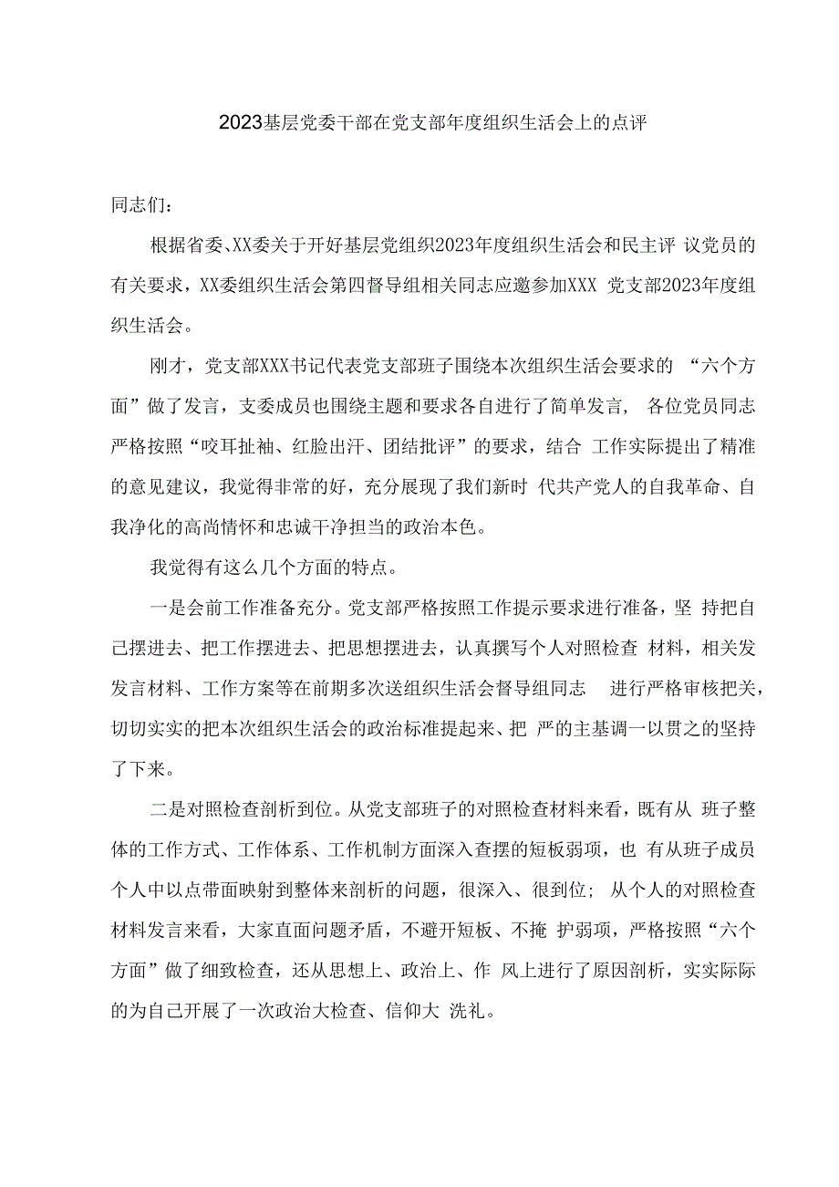 2023基层党委干部在党支部年度组织生活会上的点评发言.docx_第1页