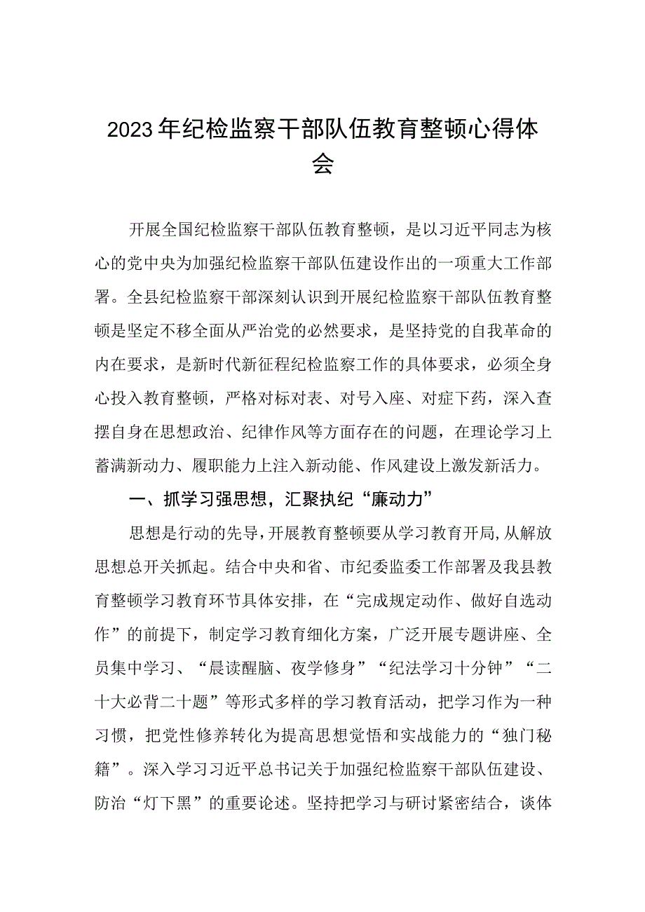 2023全国纪检监察干部队伍教育整顿心得体会六篇样本.docx_第1页