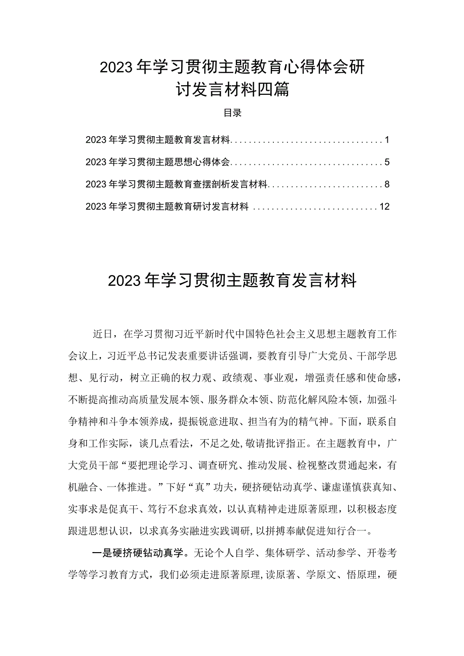 2023年学习贯彻主题教育心得体会研讨发言材料四篇.docx_第1页