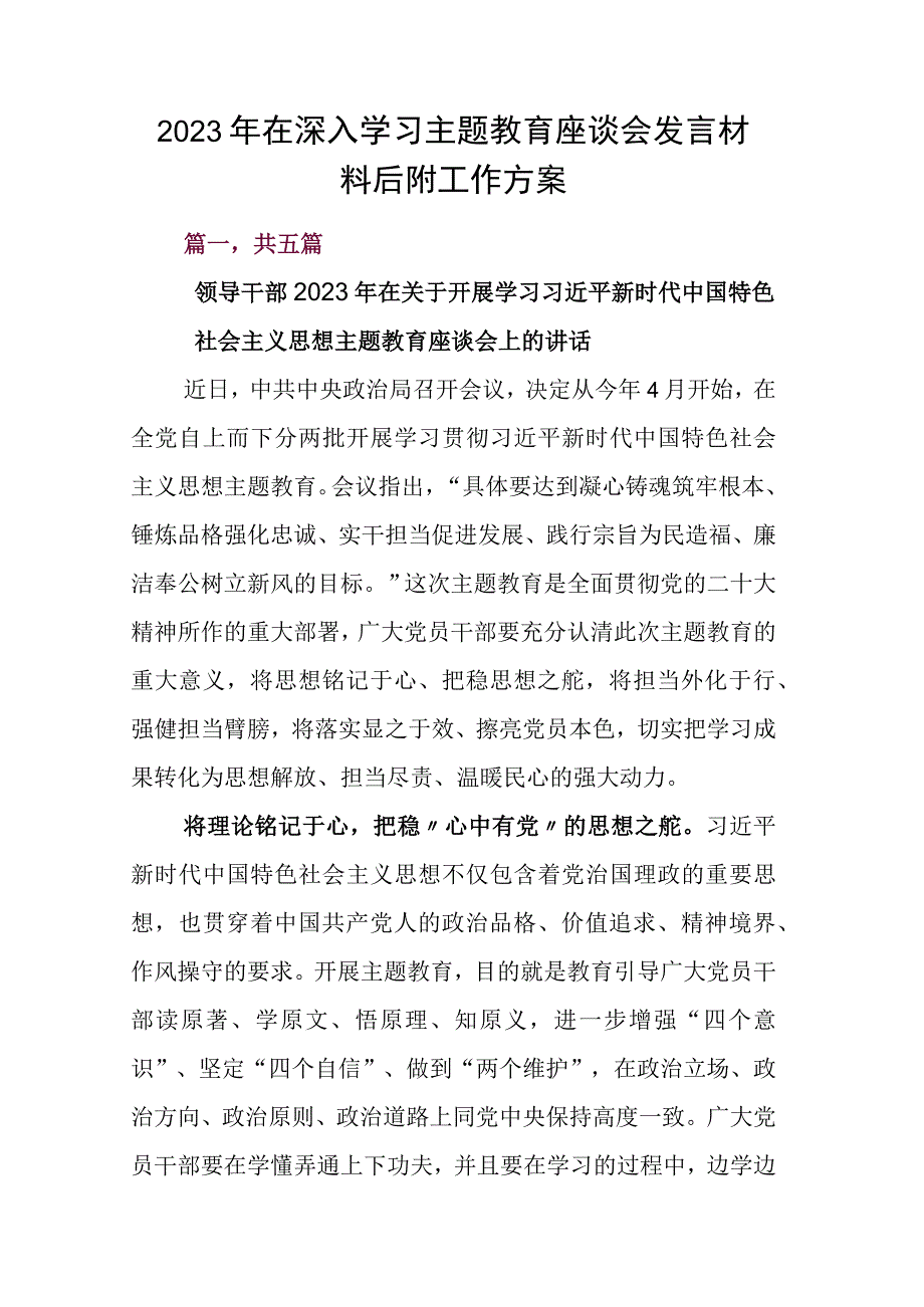 2023年在深入学习主题教育座谈会发言材料后附工作方案.docx_第1页