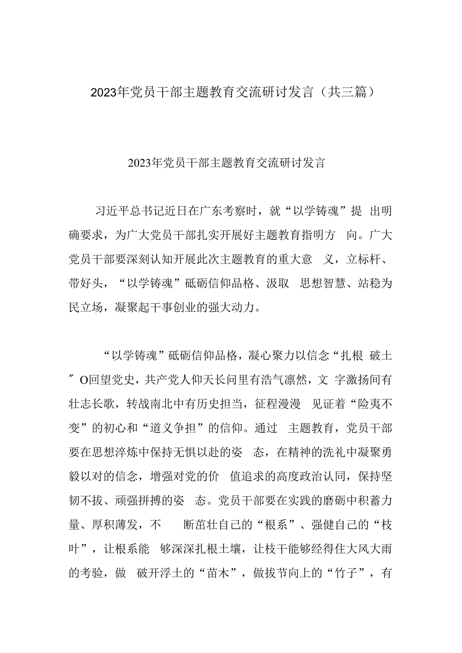 2023年党员干部主题教育交流研讨发言(共三篇).docx_第1页