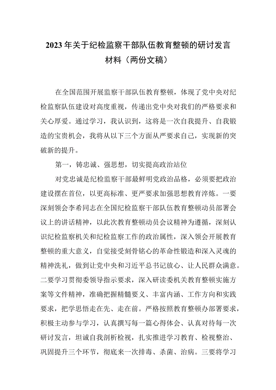 2023年关于纪检监察干部队伍教育整顿的研讨发言材料（两份文稿）.docx_第1页