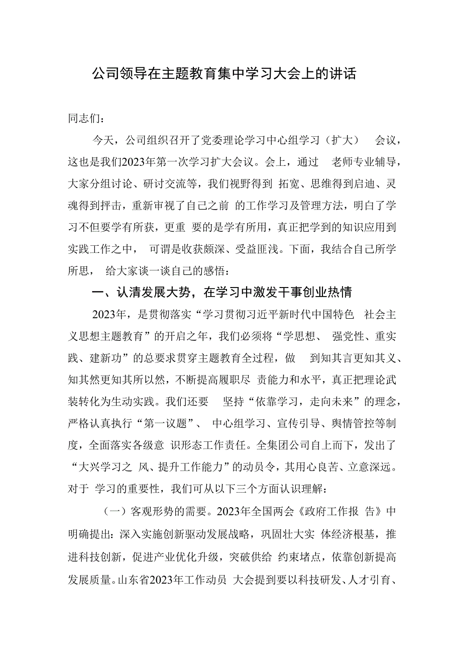 2023年公司国企领导在学习贯彻党内主题教育集中学习动员大会上的讲话.docx_第1页