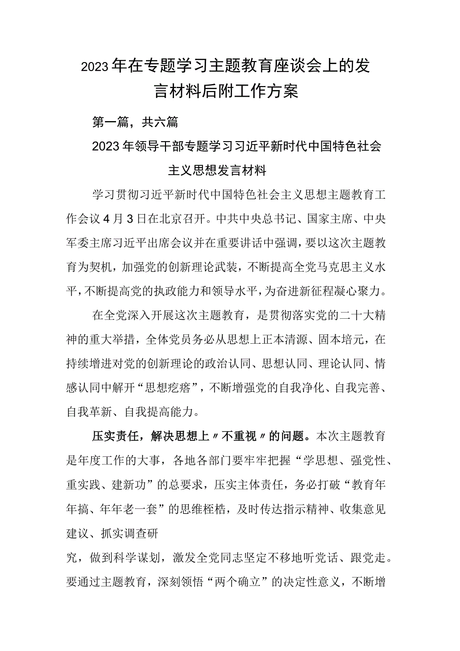 2023年在专题学习主题教育座谈会上的发言材料后附工作方案.docx_第1页