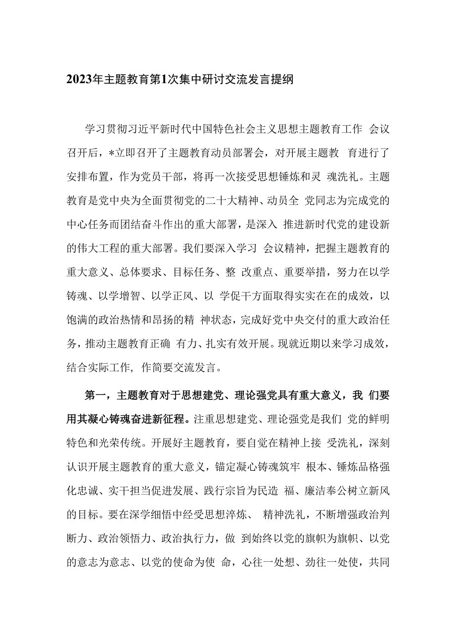 2023年主题教育第一次集中研讨交流发言提纲.docx_第1页