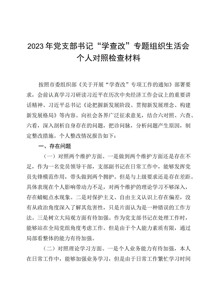 2023年党支部书记学查改专题组织生活会个人对照检查材料0001.docx_第1页