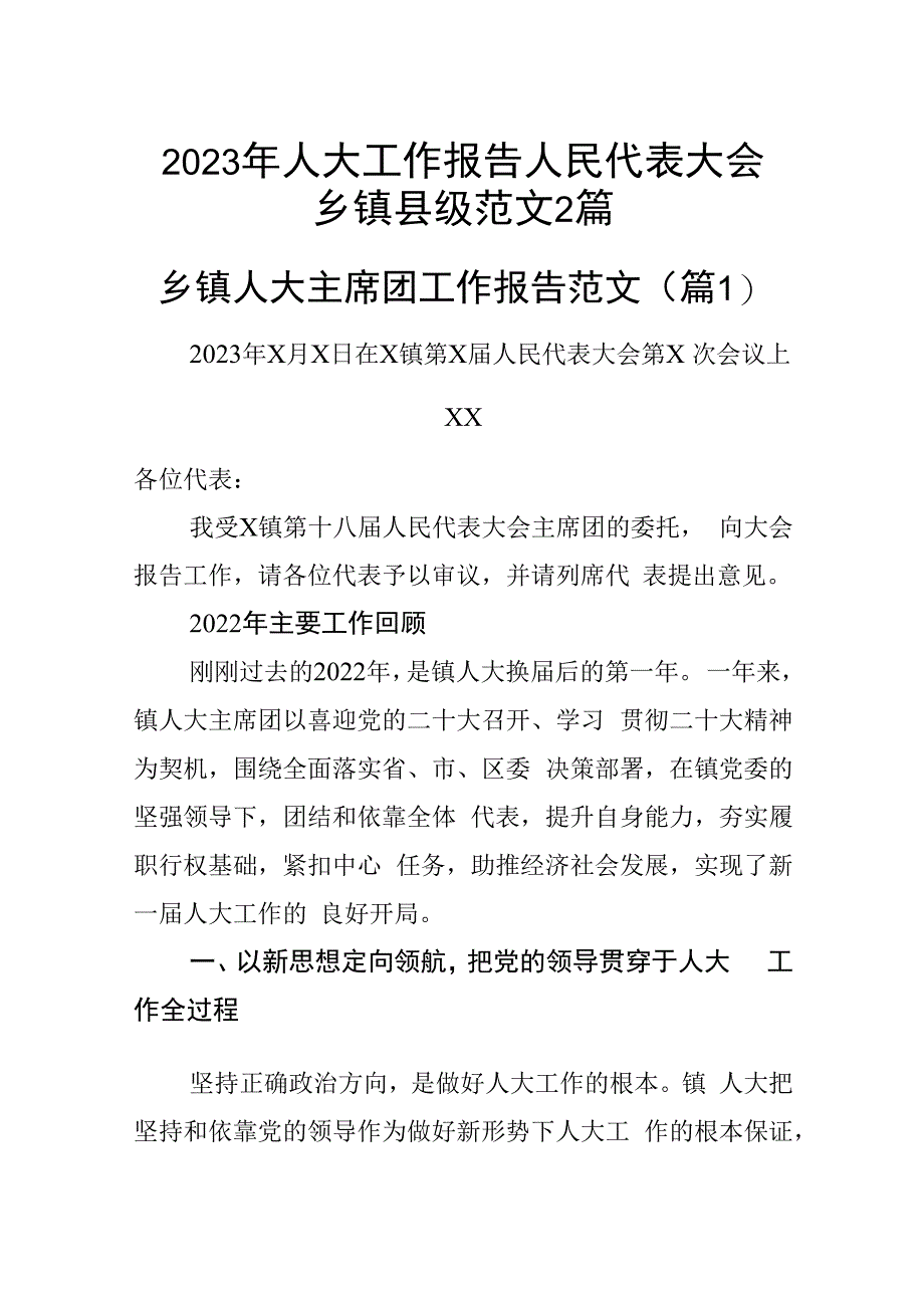 2023年人大工作报告人民代表大会乡镇县级范文2篇.docx_第1页