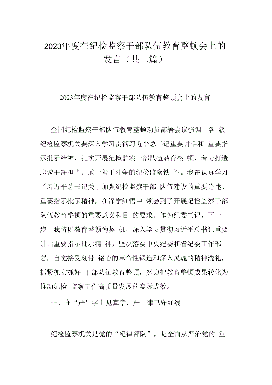 2023年度在纪检监察干部队伍教育整顿会上的发言(共二篇).docx_第1页