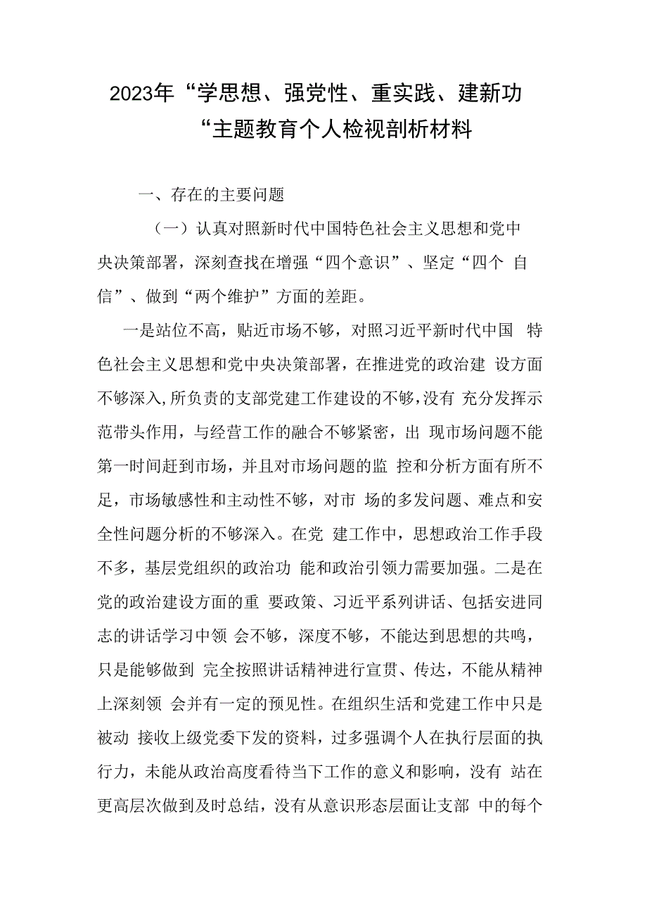 2023年学思想强党性重实践建新功主题教育个人检视剖析材料.docx_第1页