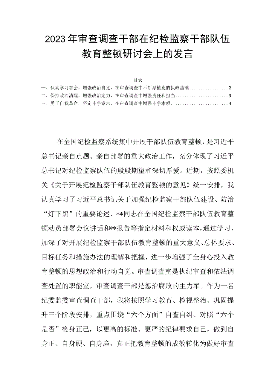 2023年审查调查干部在纪检监察干部队伍教育整顿研讨会上的发言.docx_第1页