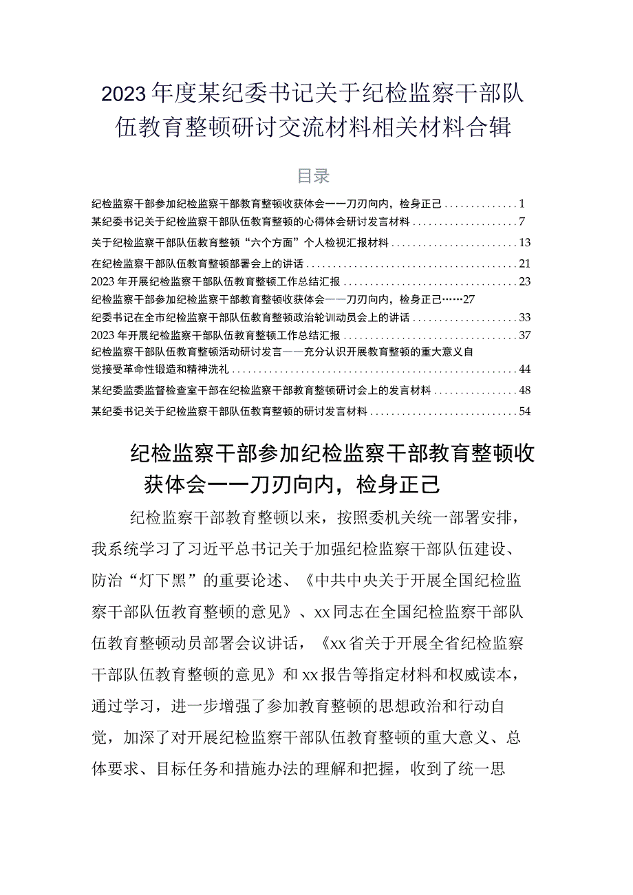 2023年度某纪委书记关于纪检监察干部队伍教育整顿研讨交流材料相关材料合辑.docx_第1页