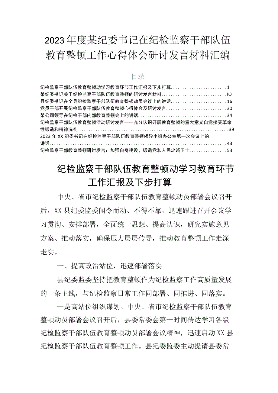 2023年度某纪委书记在纪检监察干部队伍教育整顿工作心得体会研讨发言材料汇编.docx_第1页