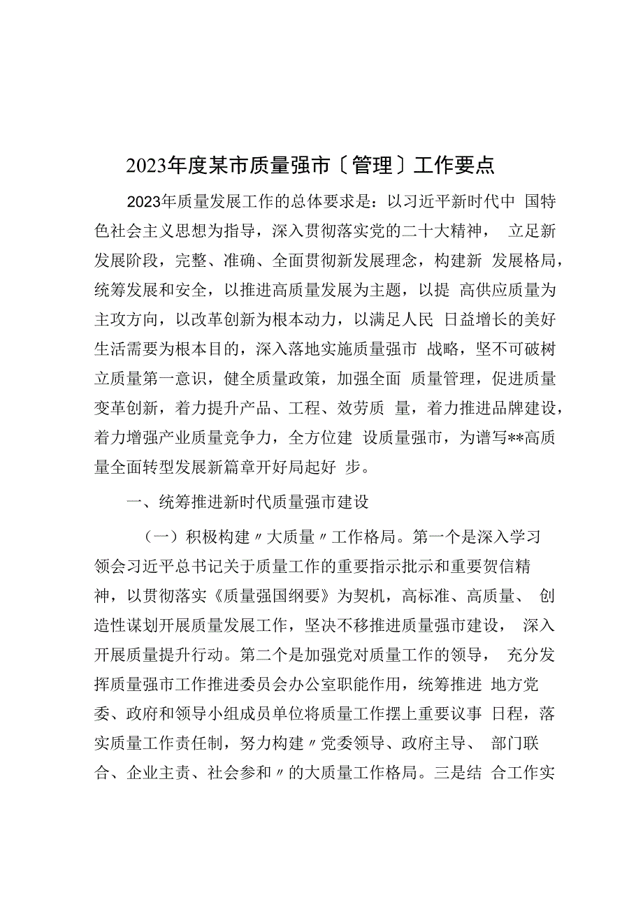 2023年度某市质量强市（管理）工作要点.docx_第1页