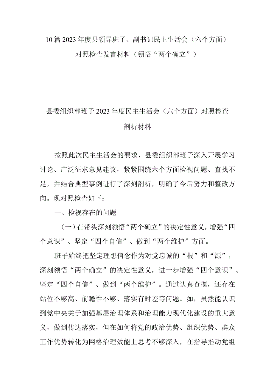 10篇2023年度县领导班子副书记民主生活会（六个方面）对照检查发言材料(领悟两个确立).docx_第1页