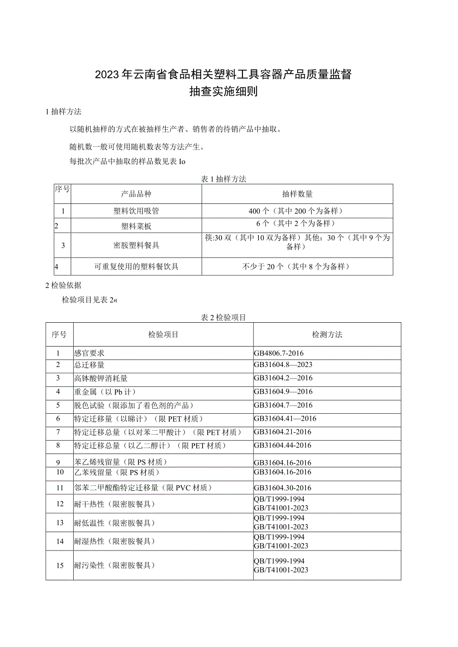 014 2023年云南省食品相关塑料工具容器产品质量监督抽查实施细则.docx_第1页