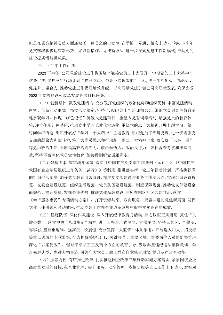 (党政资料)某国企党支部2023年上半年党建工作情况总结及下半年工作计划.docx_第3页