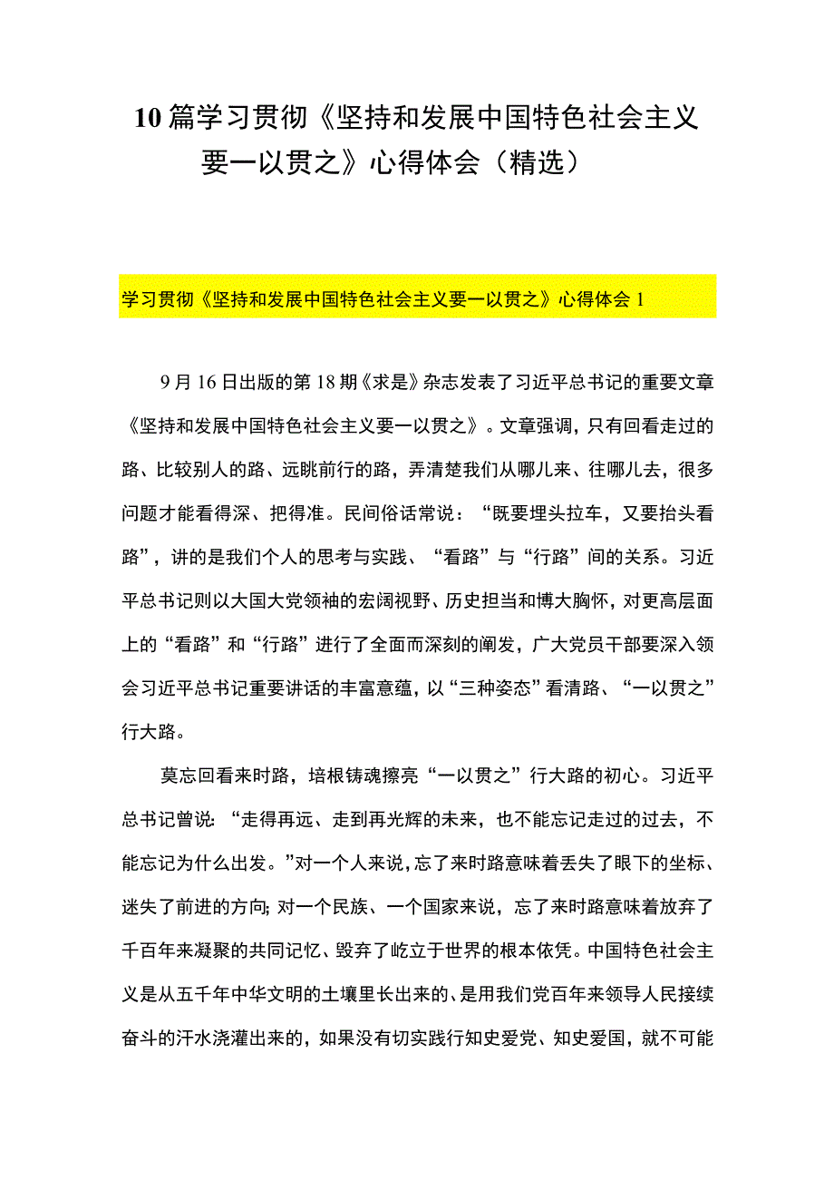 10篇 学习贯彻《坚持和发展中国特色社会主义要一以贯之》心得体会（精选）.docx_第1页