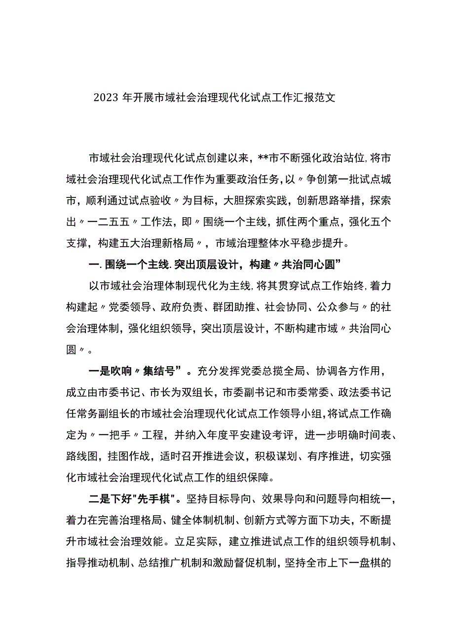 2023 年开展市域社会治理现代化试点工作汇报范文.docx_第1页