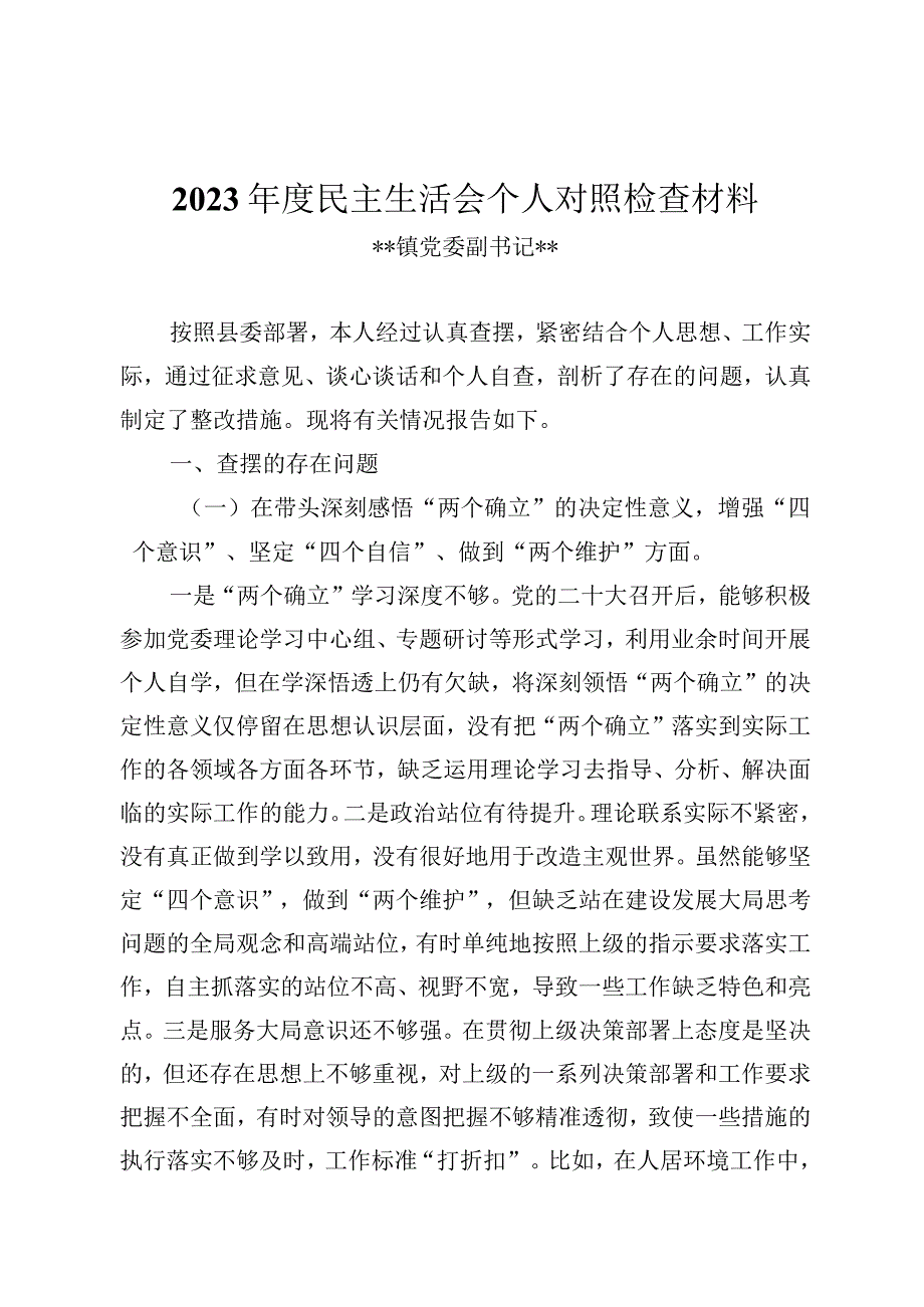 20232023年党委副书记专题民主生活会对照检查材料个人发言提纲2.docx_第1页