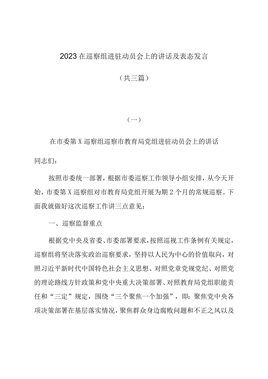 2023在巡察组进驻动员会上的讲话及表态发言共三篇.docx_第1页