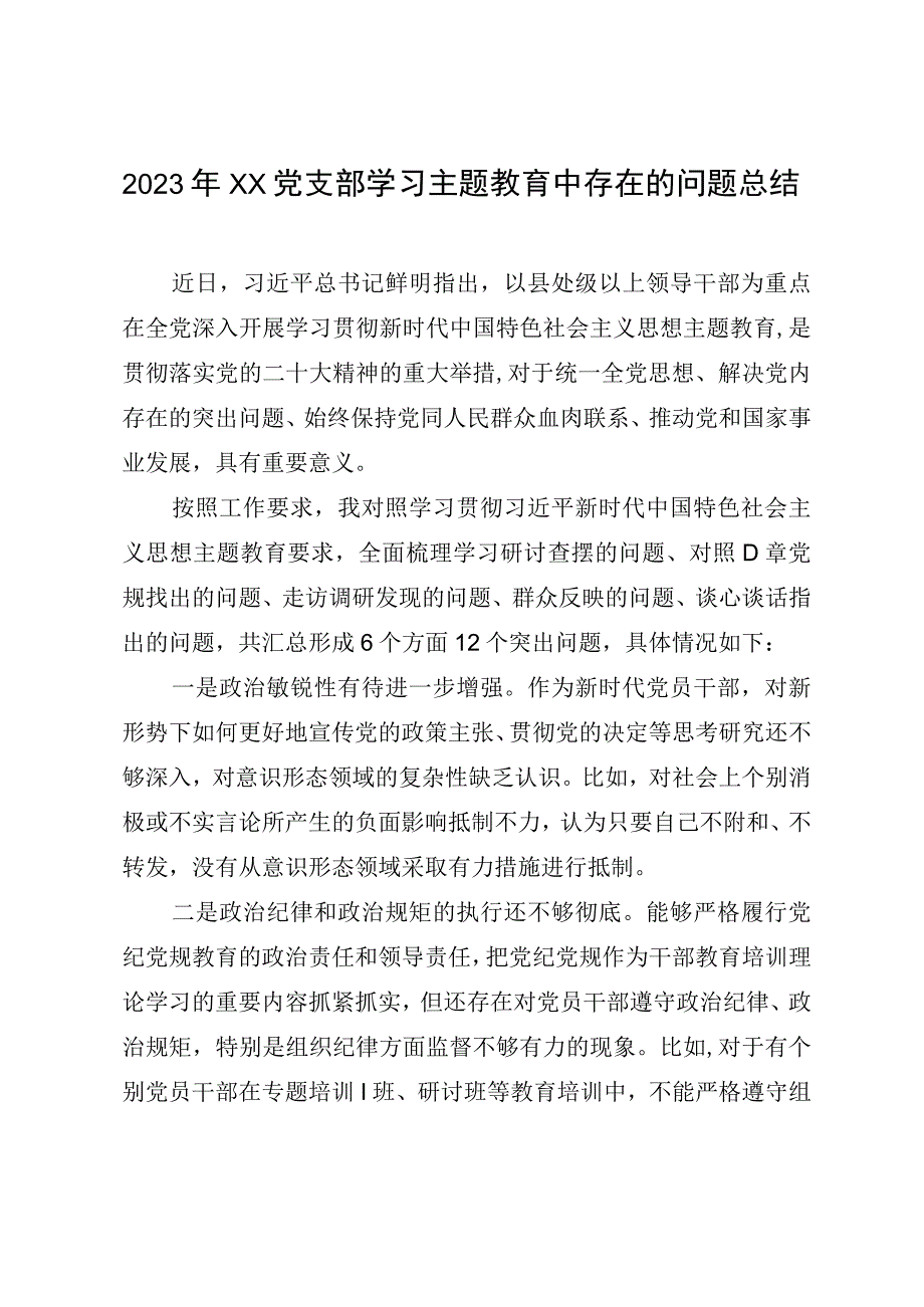 2023年XX党支部学习主题教育中存在的问题总结.docx_第1页