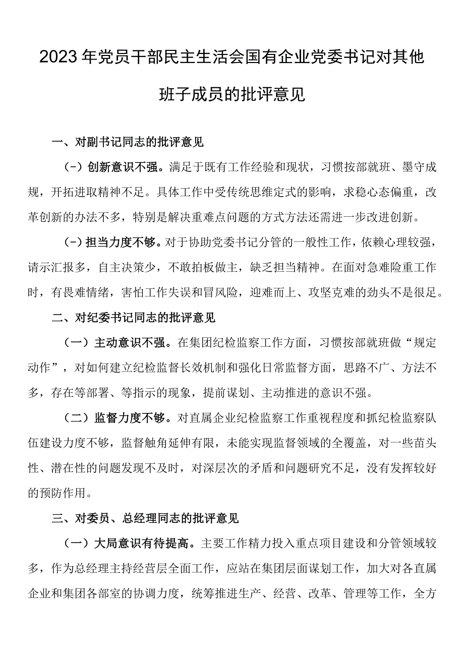 2023年党员干部民主生活会国有企业党委书记对其他班子成员的批评意见.docx_第1页