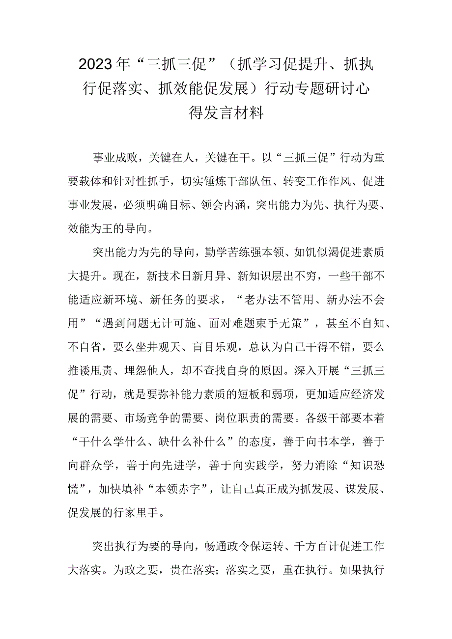 2023年三抓三促（抓学习促提升抓执行促落实抓效能促发展）行动专题研讨心得发言材料 共十篇.docx_第1页