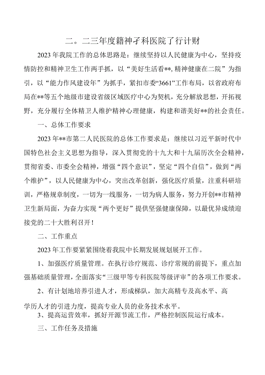 2023年三级精神专科医院工作计划.docx_第1页